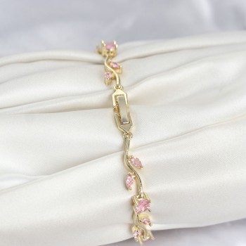 Pirinç Gold Renk Pembe Zirkon Taşlı Çiçek Model Kadın Bileklik