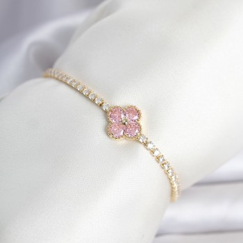 Pirinç Gold Renk Pembe Zirkon Taşlı Yonca Model Su Yolu Kadın Bileklik
