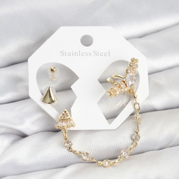 Pirinç Gold Renk Yıldızlı Model Zincir Bağlantılı Ear Cuff Küpe Seti