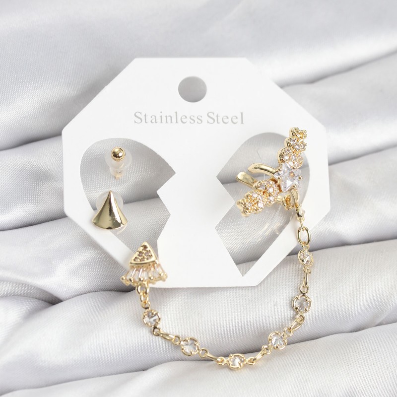 Pirinç Gold Renk Yıldızlı Model Zincir Bağlantılı Ear Cuff Küpe Seti