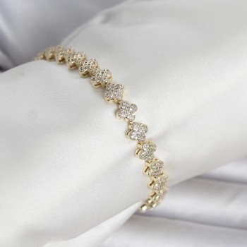 Pirinç Gold Renk Yonca Model Sıralı Zirkon Taşlı Kadın Bileklik