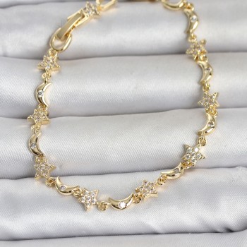 Pirinç Gold Renk Zirkon Taşlı Ay ve Yıldız Model Kadın Bileklik