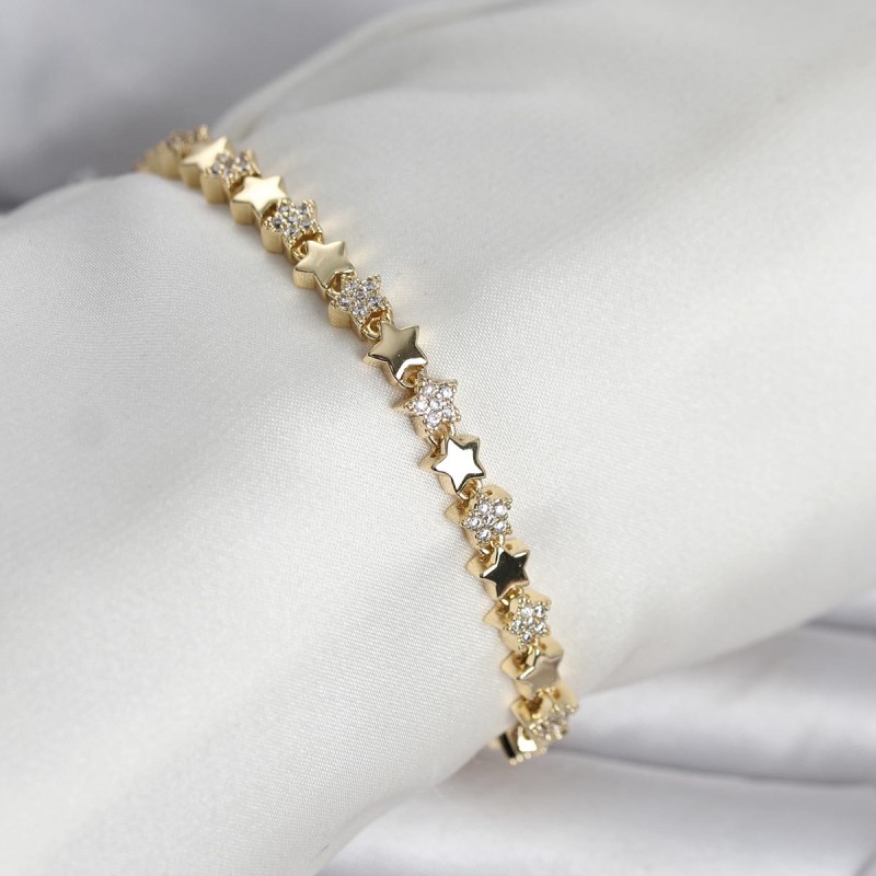 Pirinç Gold Renk Zirkon Taşlı Yıldız Model Kadın Bileklik
