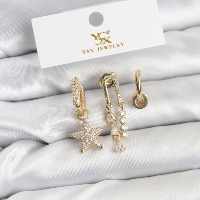 Pirinç Gold Renk Zirkon Taşlı Yıldız Vintage Model YSX Trio Küpe Seti