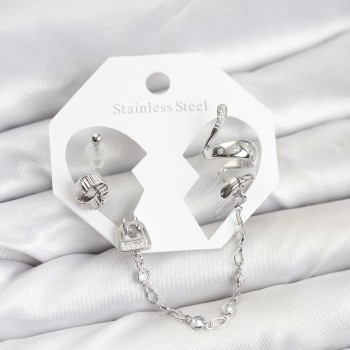 Pirinç Gümüş Renk Yılan Model Zincir Bağlantılı Ear Cuff Küpe Seti