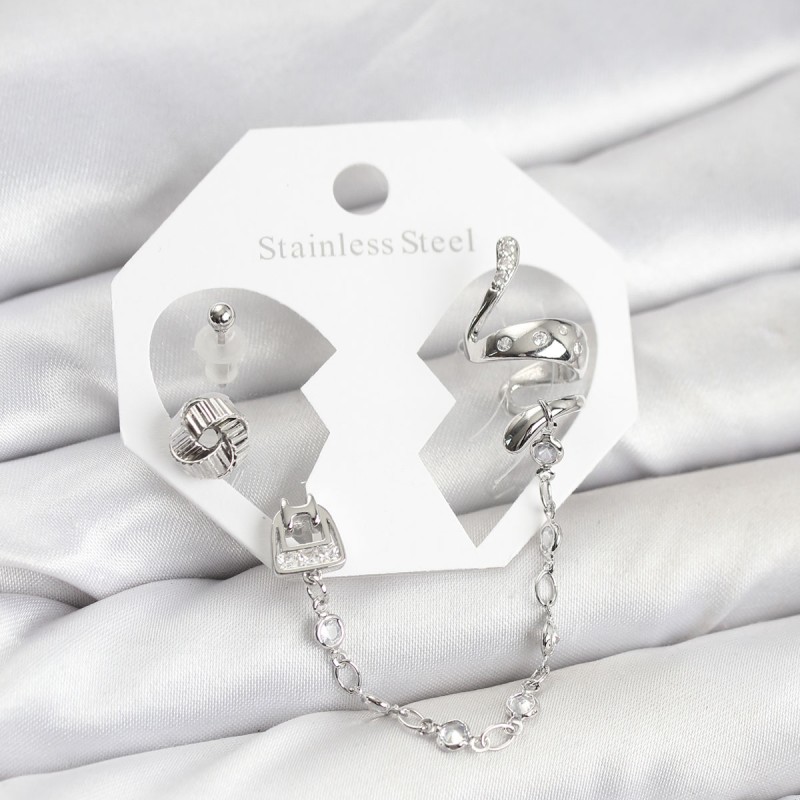 Pirinç Gümüş Renk Yılan Model Zincir Bağlantılı Ear Cuff Küpe Seti