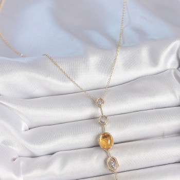 Pirinç Zincir Kehribar Sarı Gold Renk  Zirkon Taşlı Y Kolye