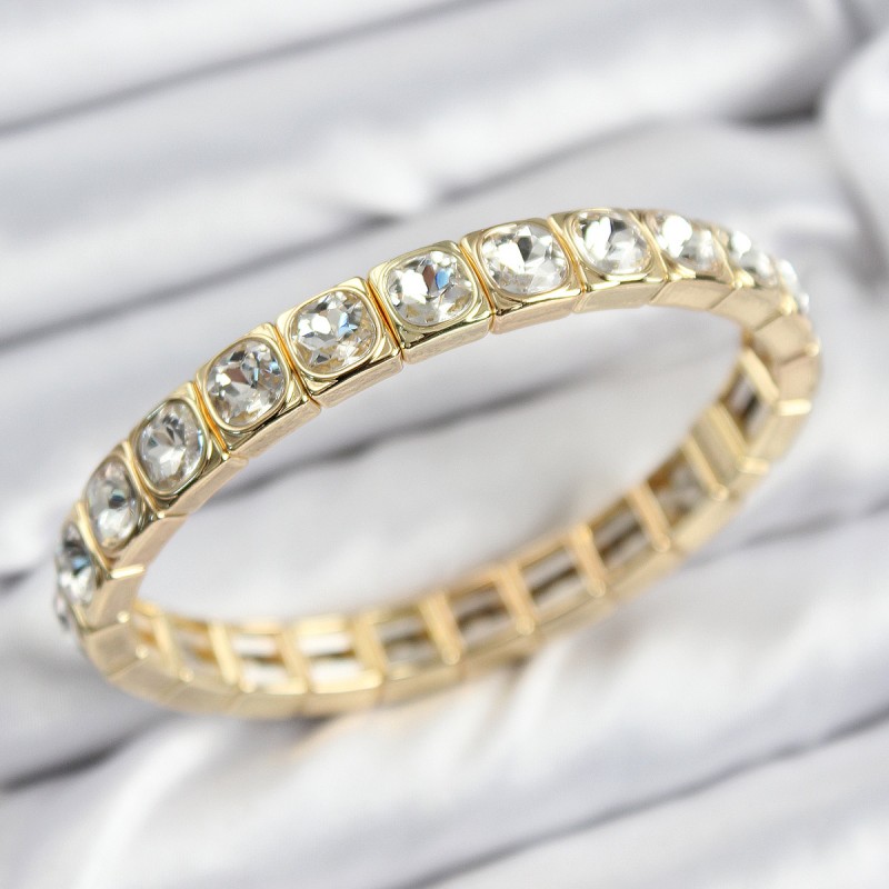 Pirinç Zirkon Taşlı Kare Model Gold Renk Lastikli Kadın Bileklik