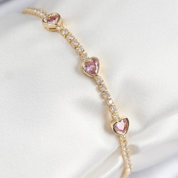 Pirinç Zirkon Taşlı Pembe Kalp Model Gold Renk Kadın Bileklik