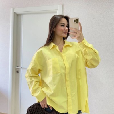 Poplin Kadın Yakalı Yandan Yırtmaçlı Arka Pens Detaylı Gömlek - Sarı
