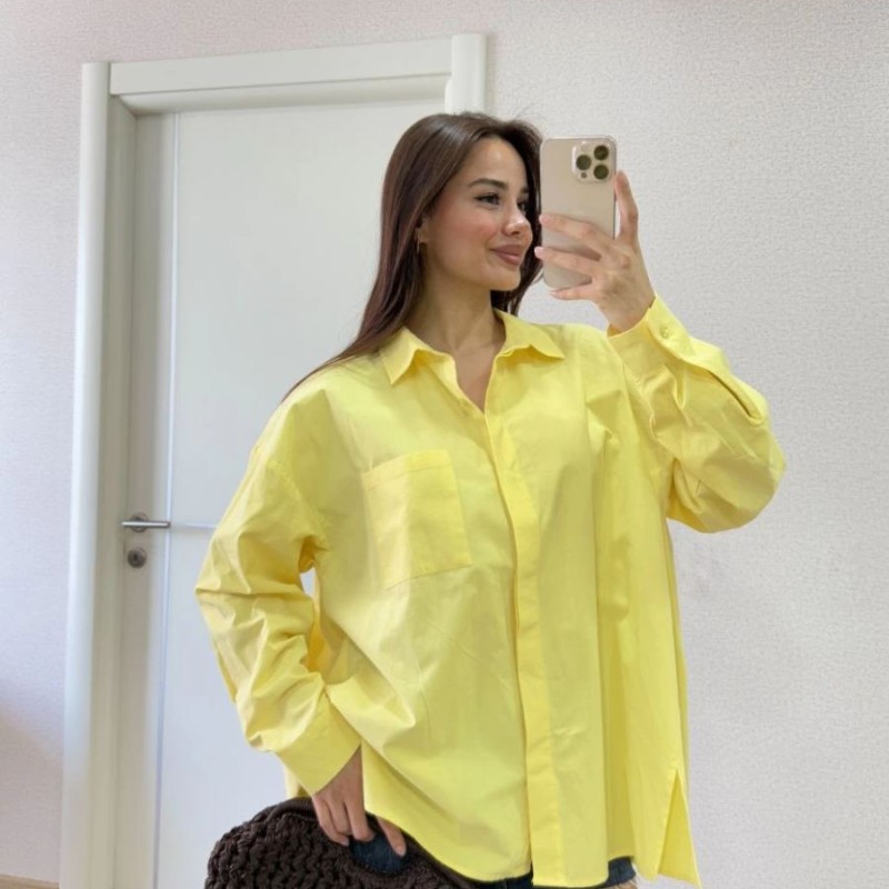 Poplin Kadın Yakalı Yandan Yırtmaçlı Arka Pens Detaylı Gömlek - Sarı