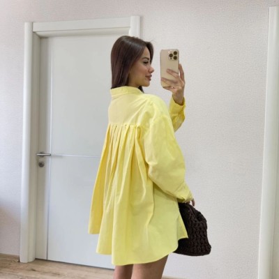 Poplin Kadın Yakalı Yandan Yırtmaçlı Arka Pens Detaylı Gömlek - Sarı