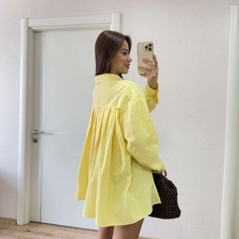 Poplin Kadın Yakalı Yandan Yırtmaçlı Arka Pens Detaylı Gömlek - Sarı