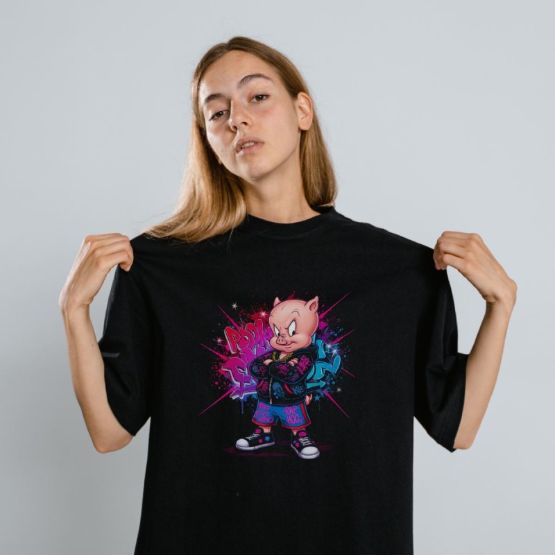 Porky Pig Graffiti Baskılı Unisex Siyah Oversize Tişört - 24/1 Penye