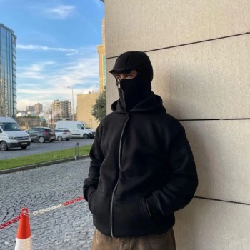 Samuray Ninja Çift Kapşonlu ZIP Fermuarlı Kanguru Çepli Tam Fermuarlı Hoodie Swetshirt - Siyah