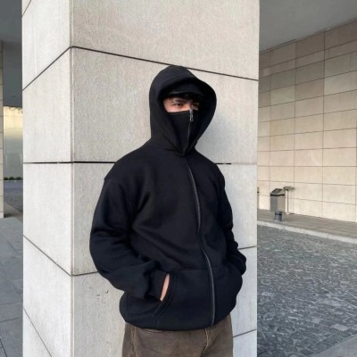 Samuray Ninja Çift Kapşonlu ZIP Fermuarlı Kanguru Çepli Tam Fermuarlı Hoodie Swetshirt - Siyah