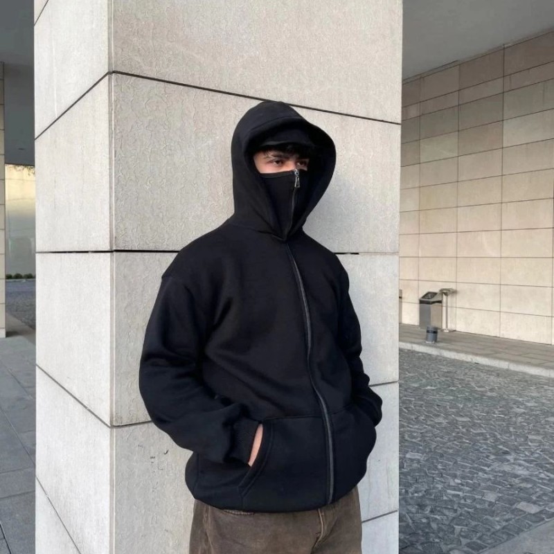 Samuray Ninja Çift Kapşonlu ZIP Fermuarlı Kanguru Çepli Tam Fermuarlı Hoodie Swetshirt - Siyah