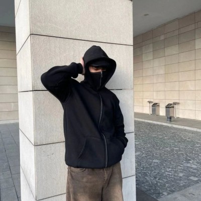 Samuray Ninja Çift Kapşonlu ZIP Fermuarlı Kanguru Çepli Tam Fermuarlı Hoodie Swetshirt - Siyah