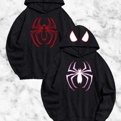 Sevgili Çift Kombini Örümcek Baskılı Kapüşonlu Sweatshirt Hoodie - Siyah