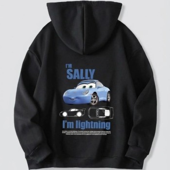 Sevgililer Günü Araba Temalı Baskılı Oversize Kapüşonlu Sweatshirt Hoodie - Siyah