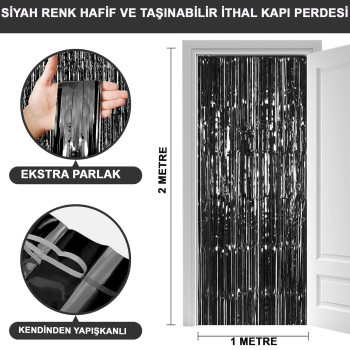 Siyah Ekstra Metalize Parlak Saçaklı Arka Fon Perde