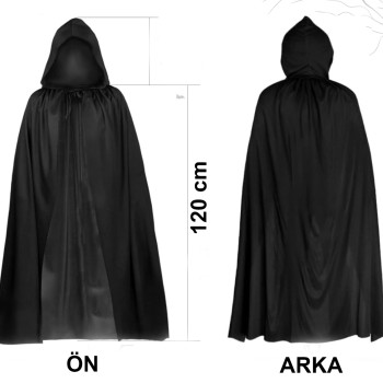 Siyah Uzun Pelerin 120 cm Kapüşonlu