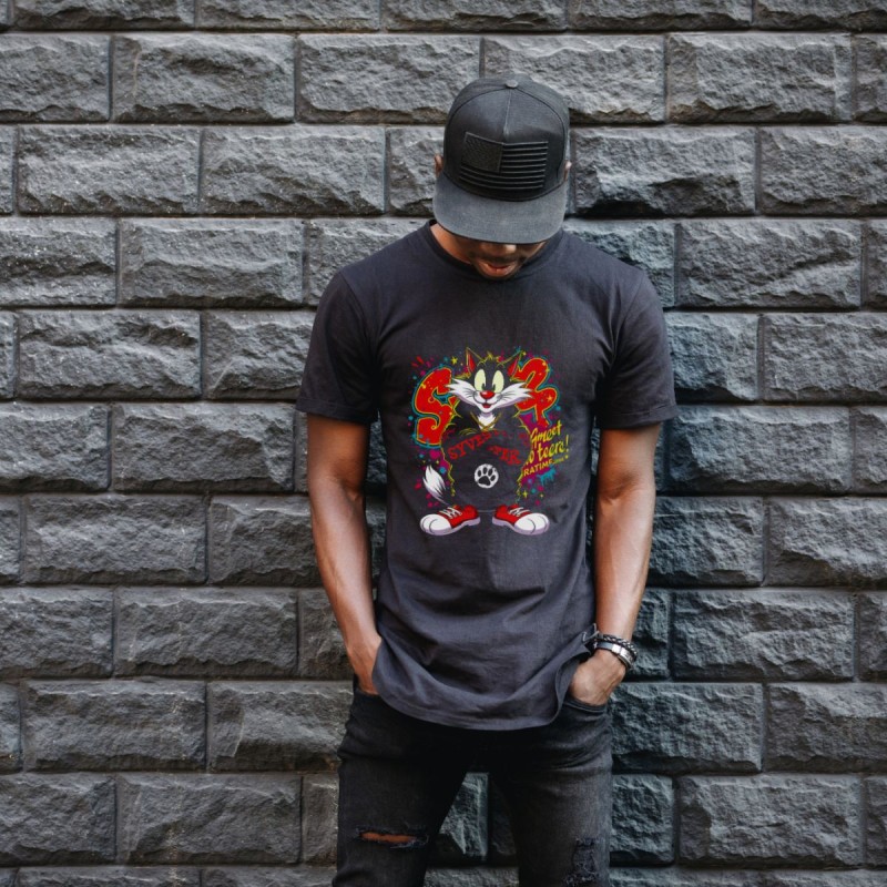 Sylvester Graffiti Baskılı Unisex Siyah Oversize Tişört - 24/1 Penye