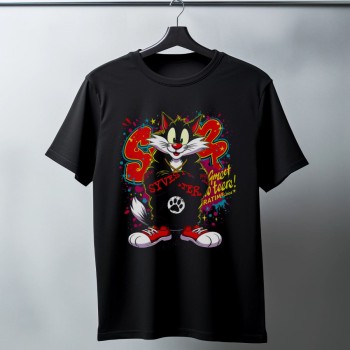 Sylvester Graffiti Baskılı Unisex Siyah Oversize Tişört - 24/1 Penye