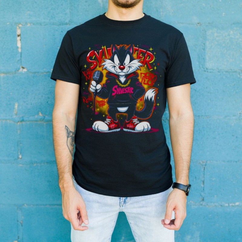 Sylvester Graffiti Baskılı Unisex Siyah Oversize Tişört - 24/1 Penye