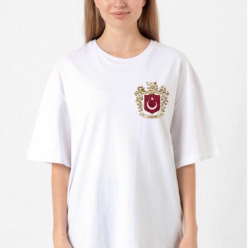 Türk Arma Baskılı Oversize Bisiklet Yaka Günlük T-shirt - Beyaz