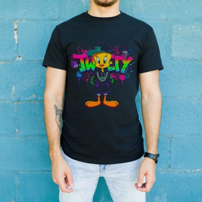 Tweety Graffiti Baskılı Unisex Siyah Oversize Tişört - 24/1 Penye