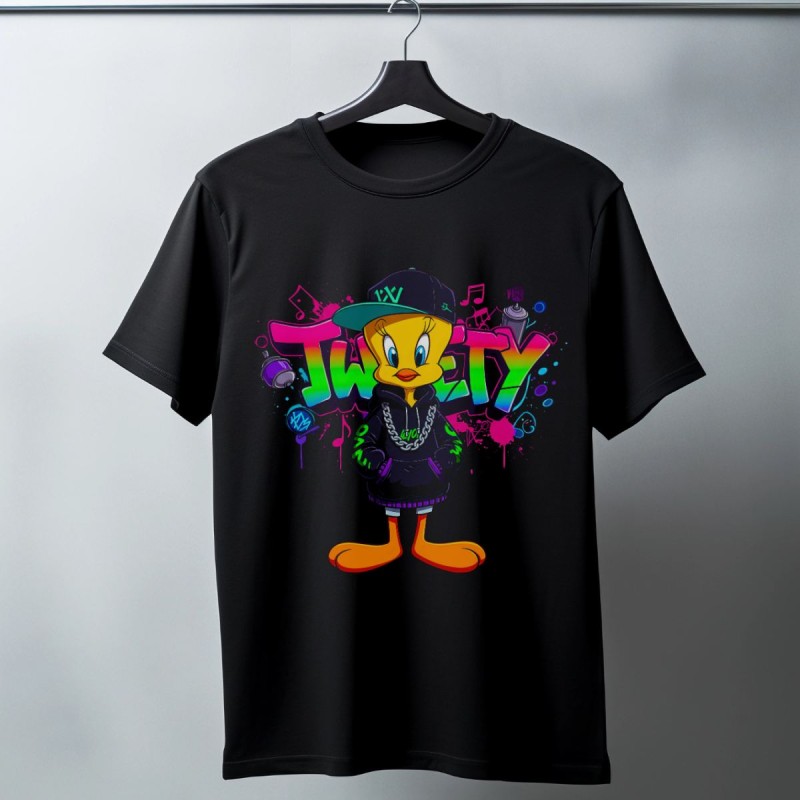 Tweety Graffiti Baskılı Unisex Siyah Oversize Tişört - 24/1 Penye