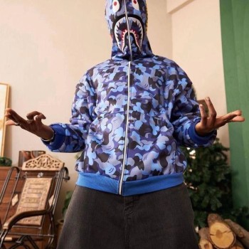 Unisex 2 İplik Bape Kapüşonu Fermuarlı Hırka - Mavi