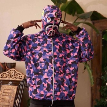 Unisex 2 İplik Bape Kapüşonu Fermuarlı Hırka - Mor
