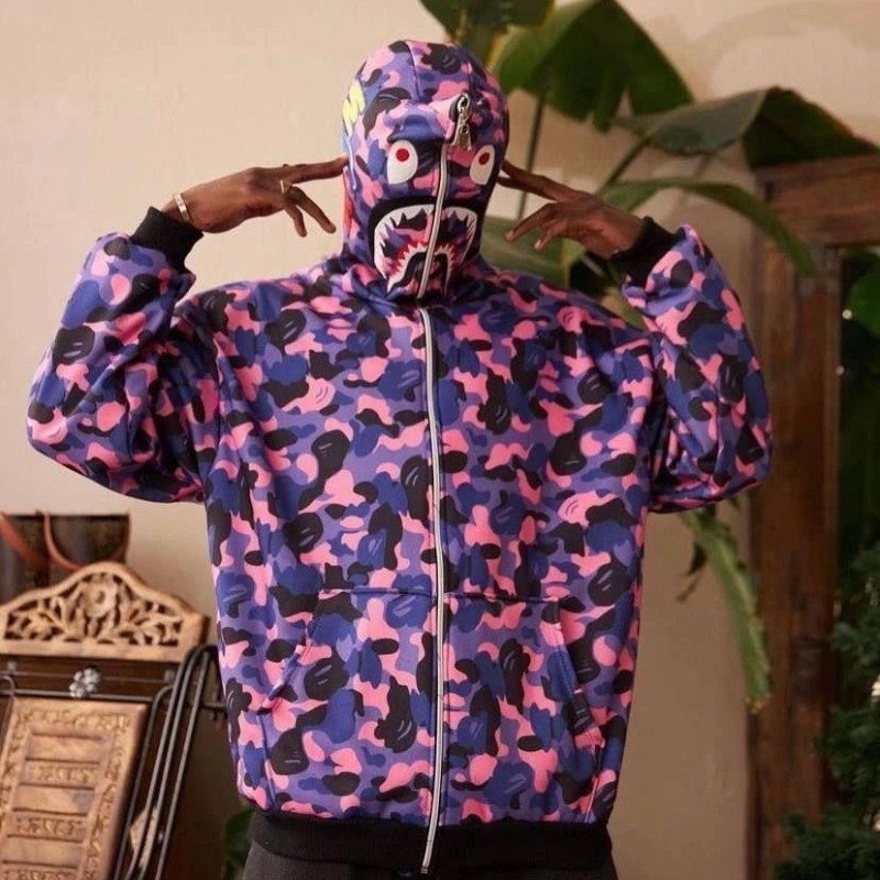 Unisex 2 İplik Bape Kapüşonu Fermuarlı Hırka - Mor
