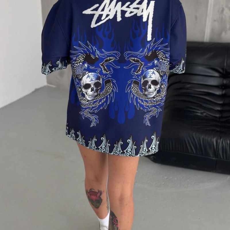 Unisex Bisiklet Yaka Baskılı Oversize T-Shirt - Lacivert
