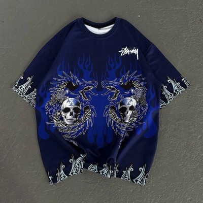Unisex Bisiklet Yaka Baskılı Oversize T-Shirt - Lacivert
