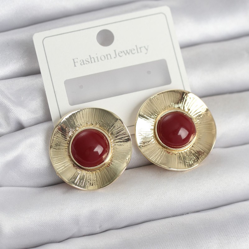 Vintage Model Bordo Gold Renk Pirinç Kadın Küpe