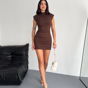 Yarım Bogazlı Kolsuz Mini Boy Elbise - Kahve