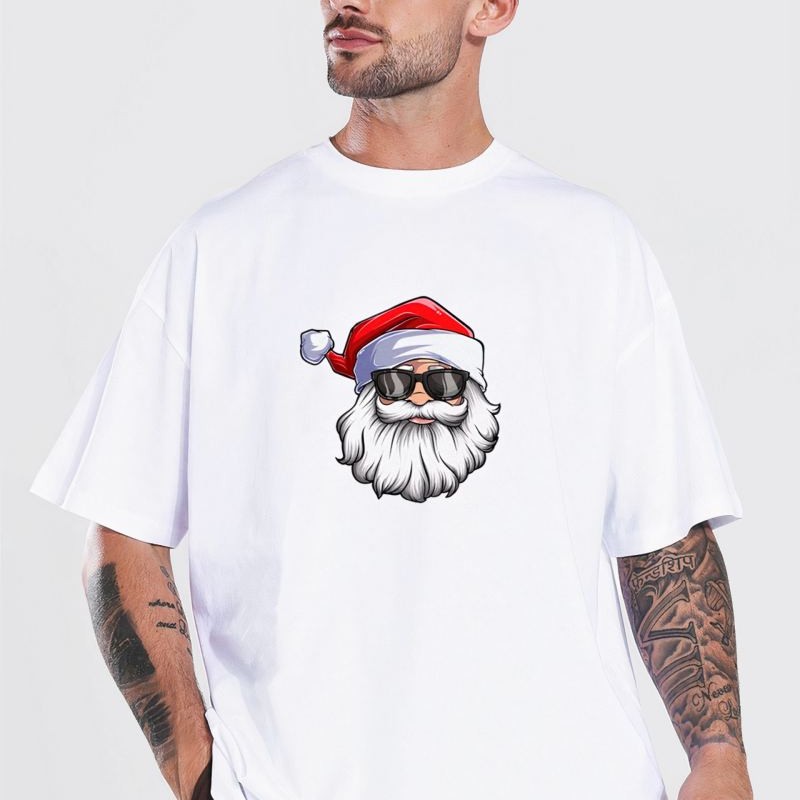 Yılbaşı Gözlüklü Noel Baba Baskılı Kısa Kollu Oversize Bisiklet Yaka T-shirt - Beyaz