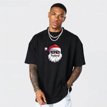 Yılbaşı Gözlüklü Noel Baba Baskılı Kısa Kollu Oversize Bisiklet Yaka T-shirt - Siyah