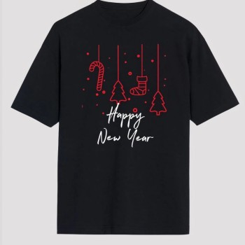 Yılbaşı Happy New Year Baskılı Kısa Kollu Oversize Bisiklet Yaka T-shirt - Siyah