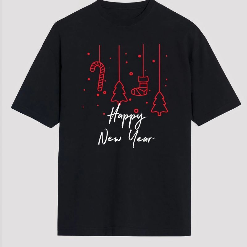 Yılbaşı Happy New Year Baskılı Kısa Kollu Oversize Bisiklet Yaka T-shirt - Siyah