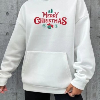 Yılbaşı Merry Christmas Baskılı Oversize Kapüşonlu Sweatshirt Hoodie - Beyaz
