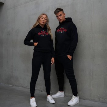 Yılbaşı Merry Christmas Baskılı Oversize Kapüşonlu Sweatshirt Hoodie - Siyah