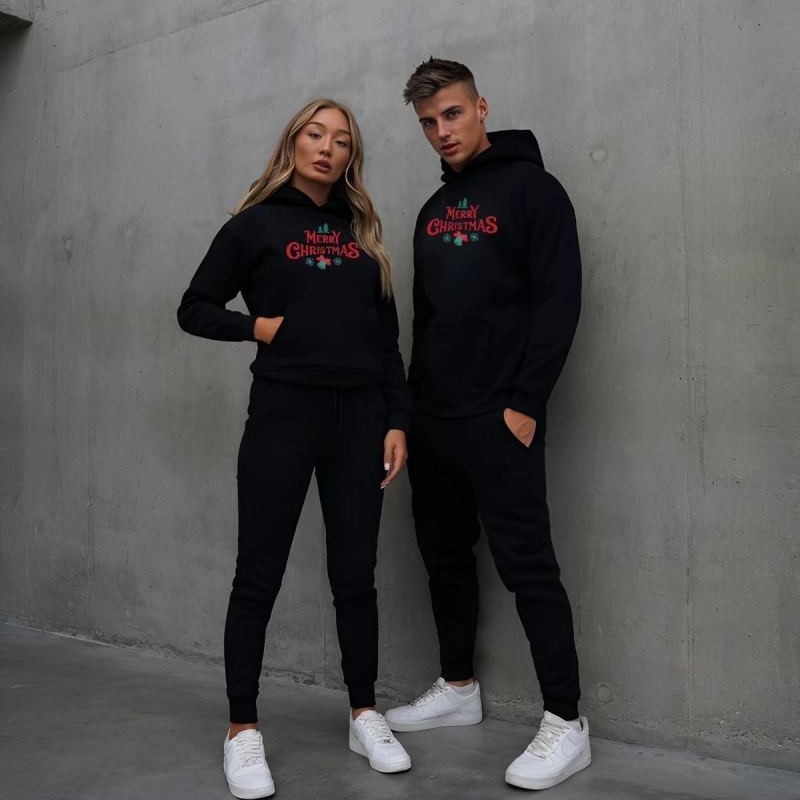 Yılbaşı Merry Christmas Baskılı Oversize Kapüşonlu Sweatshirt Hoodie - Siyah