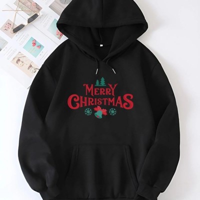 Yılbaşı Merry Christmas Baskılı Oversize Kapüşonlu Sweatshirt Hoodie - Siyah
