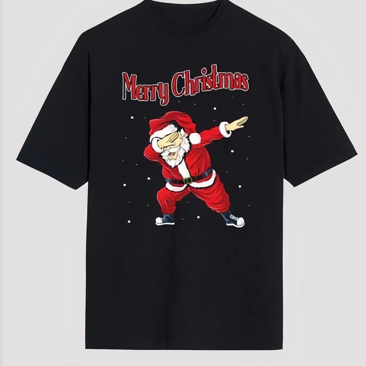 Yılbaşı Merry Christmas Noel Baba Baskılı Oversize Bisiklet Yaka T-shirt - Siyah