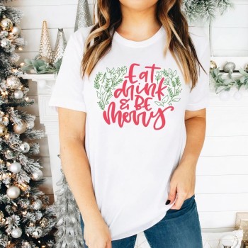 Yılbaşı Noel Baskılı Kısa Kollu Oversize Bisiklet Yaka T-shirt - Beyaz