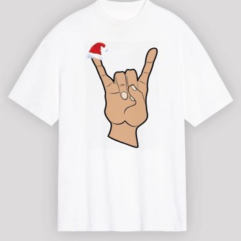 Yılbaşı Noel Başlıklı Serçe Parmak Baskılı Oversize Bisiklet Yaka T-shirt - Beyaz